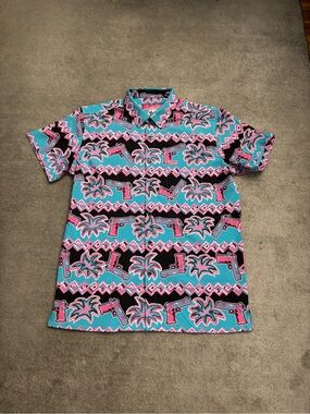 Retro Rifle The 80 Cyan Short Sleeve Tropical Print Button Down Shirt Men’s
